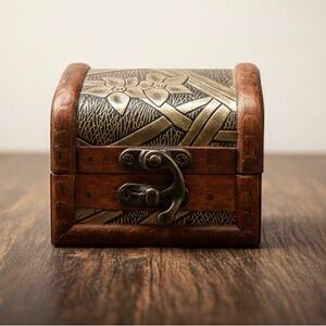 Vintage Artisan Wooden Treasure Chest with Gold Accents